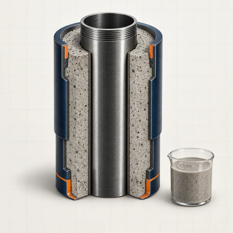 Technical cutaway illustration of well casing surrounded by cement