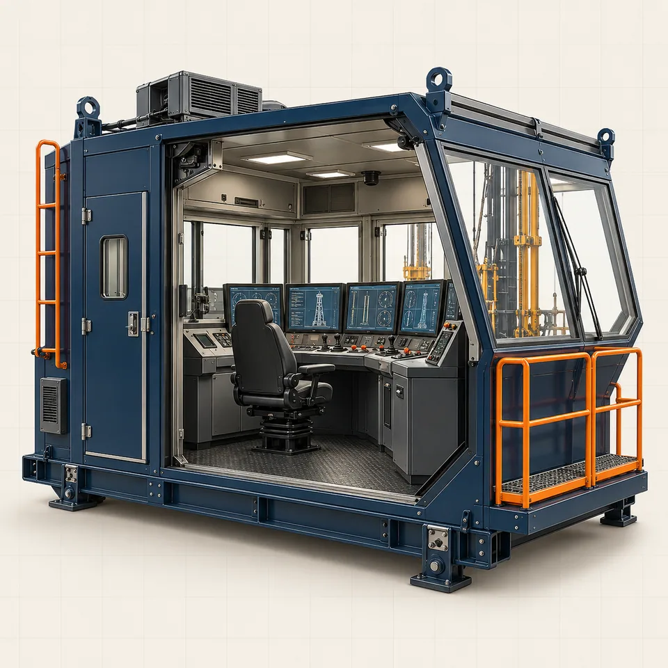 Technical cutaway illustration of a drilling rig control room