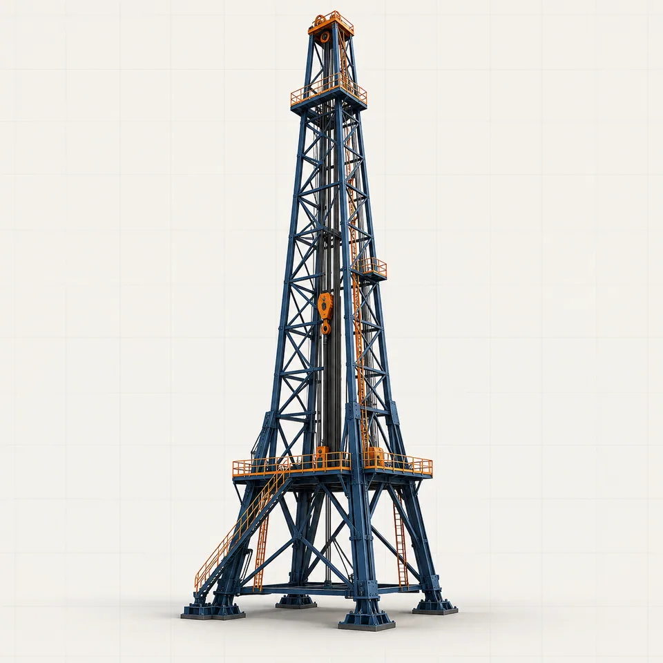 Technical illustration of a land drilling rig derrick