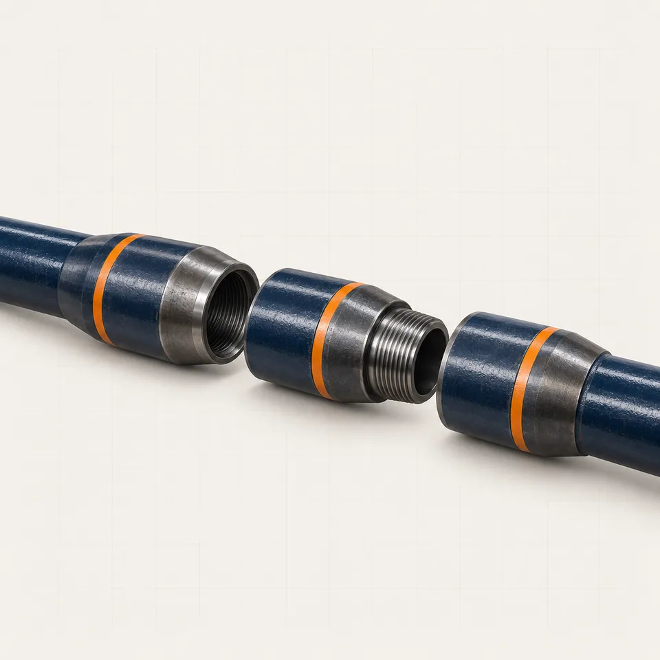 Technical illustration of drill pipe and threaded tool joints