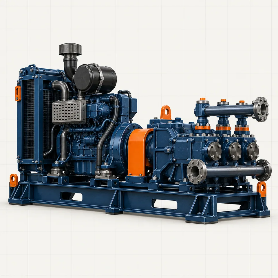 Technical illustration of a rig engine and mud pump skid