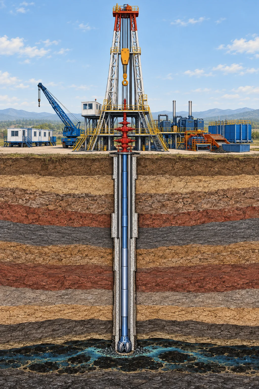 Interactive cutaway map of a land drilling rig and well construction